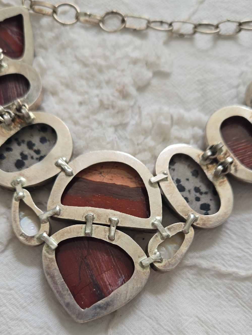Red Jasper & Dalmatian Stone Statement Necklace with Pearl Accents - Picture 5 of 8
